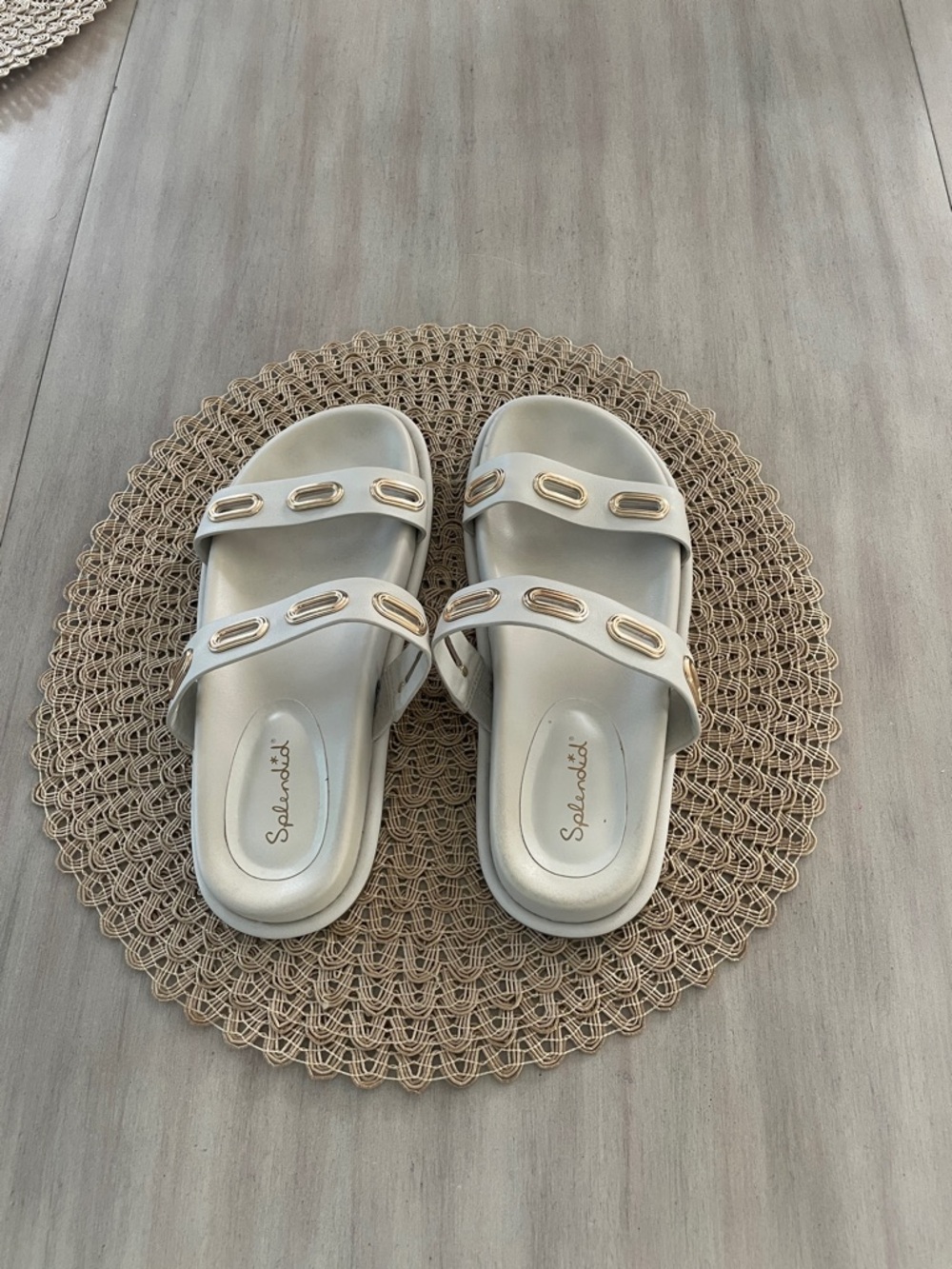Splendid White Slides with Gold Chain Accents